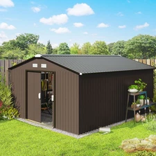 13' x 11' Steel Outdoor Utility Storage Tool Shed for Backyard Garden, Brown