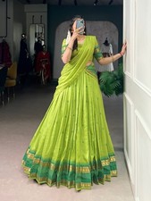 New Parrot Green Pure Chanderi Lehenga Choli With Dupatta For Navratri Festival