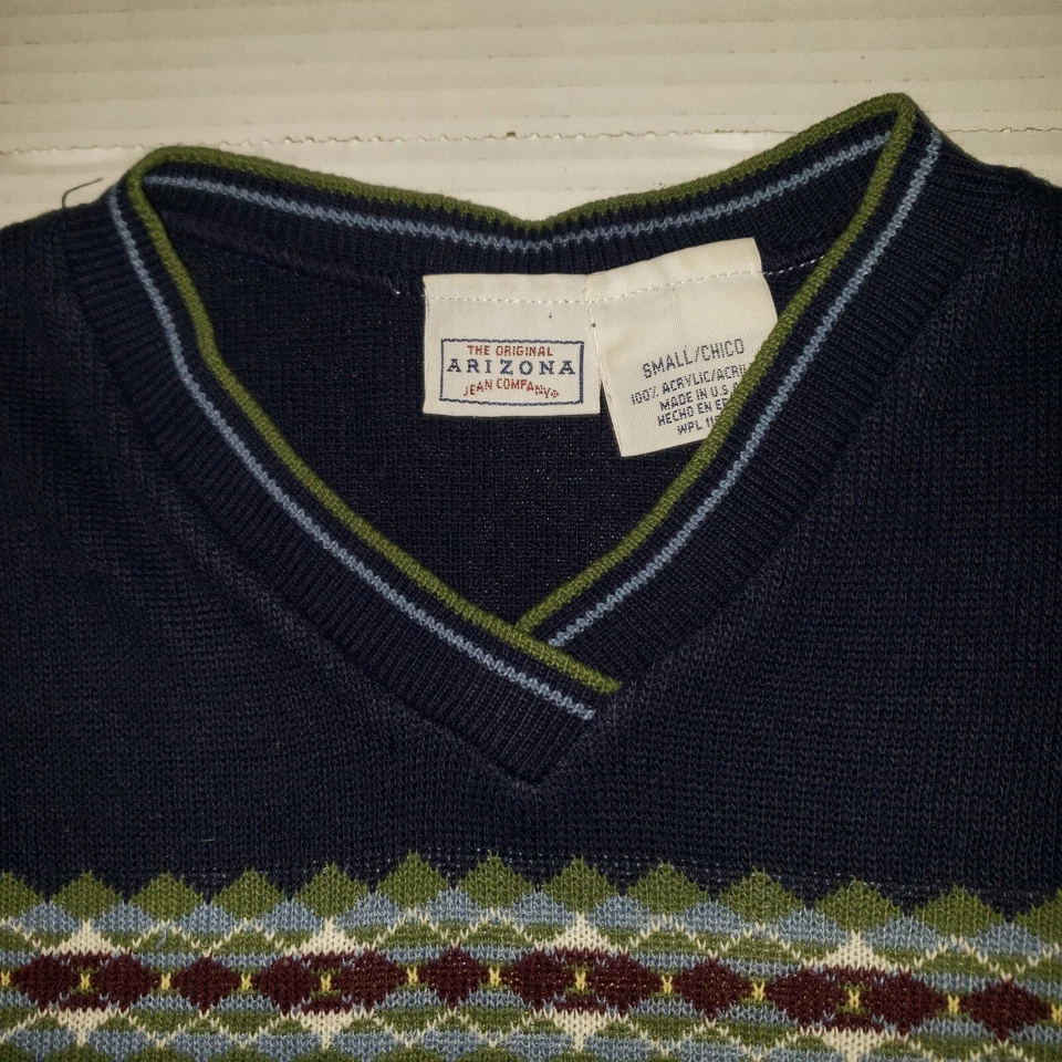 Boys The Original Arizona Jean Company V Neck Knit Sweater Small Blue Diamond  - Image 2 of 4
