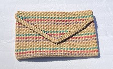 Vintage Handwoven Straw Clutch w/Colorful Striped Pattern  Braided Trim