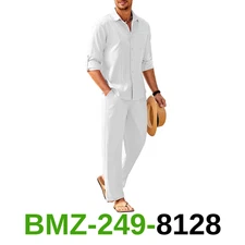 COOFANDY Mens Coordinated Outfit White Linen Pants and Shirt Set Casual Linen, M