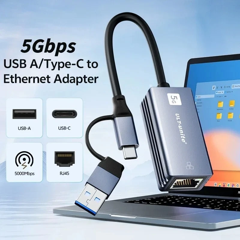 USB C to 5G Ethernet Adapter USB 3.2 Type A/Type C to 5 Gigabit Ethernet Adapter - Image 2 of 4