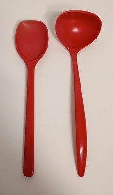 Vintage Rosti Mepal Melamine Serving Spoon Set 2 Pc Denmark MCM Retro Red 12 in