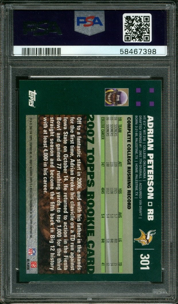 2007 TOPPS #301 ADRIAN PETERSON VIKINGS PSA 9 DNA AUTO 10 view 2