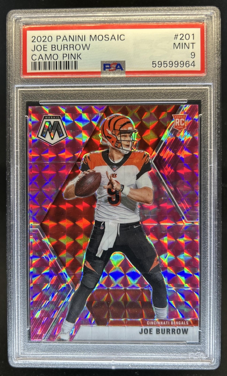 2020 Panini Mosaic Joe Burrow RC Prizm Camo Pink Rookie #201 Bengals PSA 9 view 1