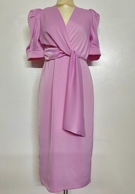 Purple Tulip Boutique Wrap Puff Sleeve Pink Midi Dress V-Neck Women