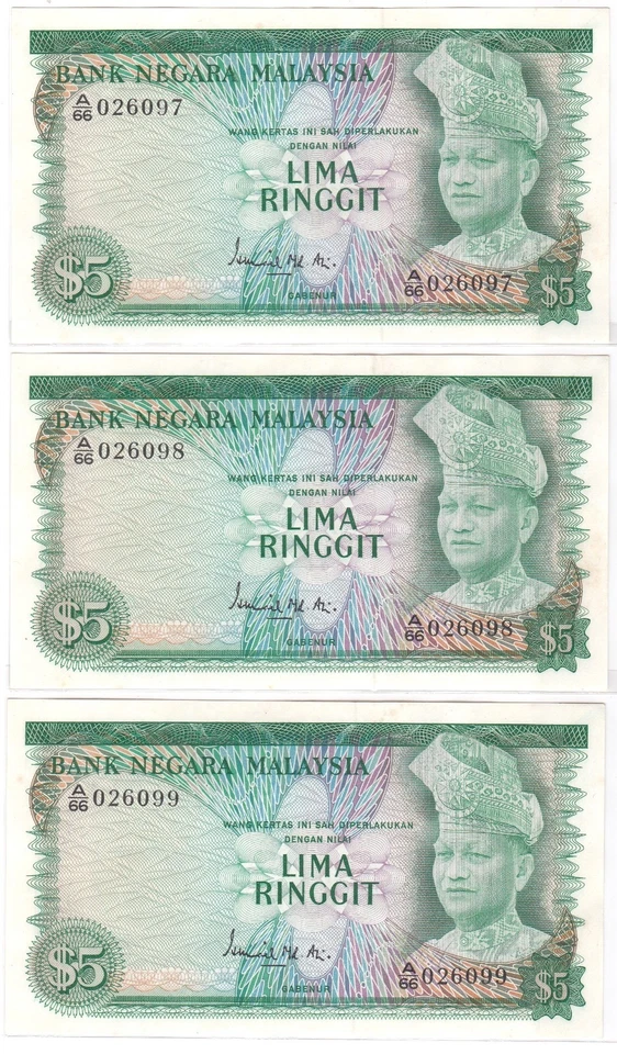 Mazuma *M5818 Malaysia Ismail 2nd $5 A/66 026097-099 3 Running AU *Foxing - Image 2 of 3