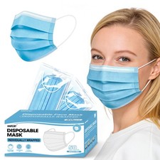 50pcs Individually Wrapped Masks, Blue Disposable Face Masks, 3 Ply Breathabl...