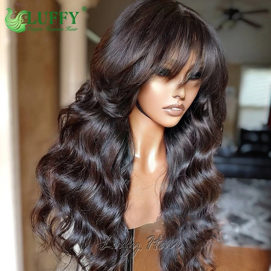 Peluca de cabello humano Body Wave con flequillo brasileño Remy O cuero cabelludo superior hecha a máquina Foto 2 de 4