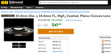 Edmund Optics 25mm dia. 35.0mm FL MgF2 Coated, Plano Convex Lens 45-146