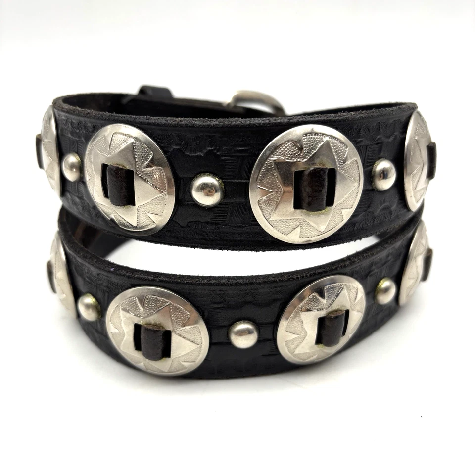 复古 80 年代手工黑色工具真皮 Concho 铆钉皮带 30-34 — 第 3/4 张图片