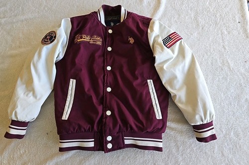 U.S. Polo Assn Kids Baseball Jacket Maroon/cream Size M(8) Embroidered Patches - Picture 2 of 24