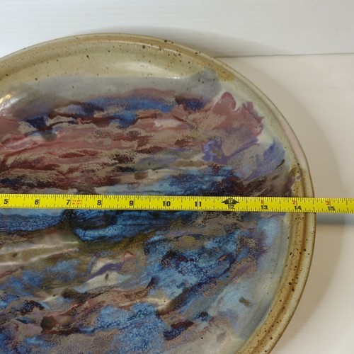 Signed Art Hand Thrown Large Pottery Bowl Server Blue Red Beige 14.5" Diameter - Picture 5 of 9