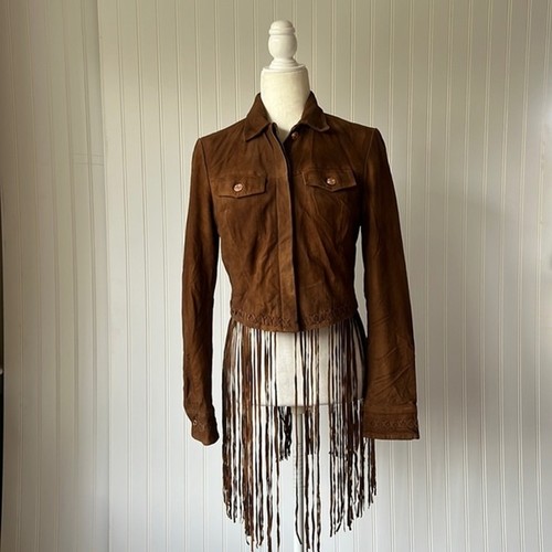 DIESEL | Sunita Brown Goatskin Leather Suede Long Fringe Moto Jacket Size Small - Picture 2 of 12