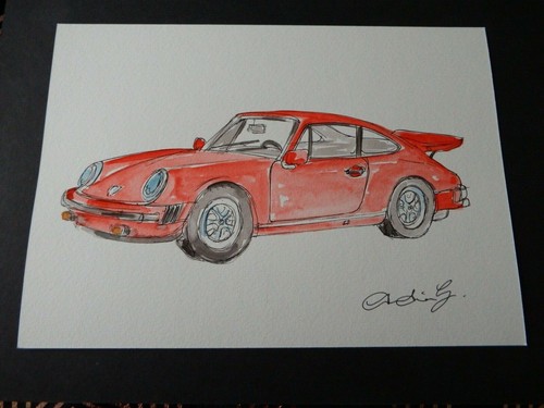 Original pen & ink watercolour painting of a vintage Red Porsche 911 sports car - Picture 3 of 12