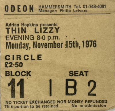 Thin Lizzy & Phil Lynott - Hammersmith, UK (1976) Original Concert Ticket