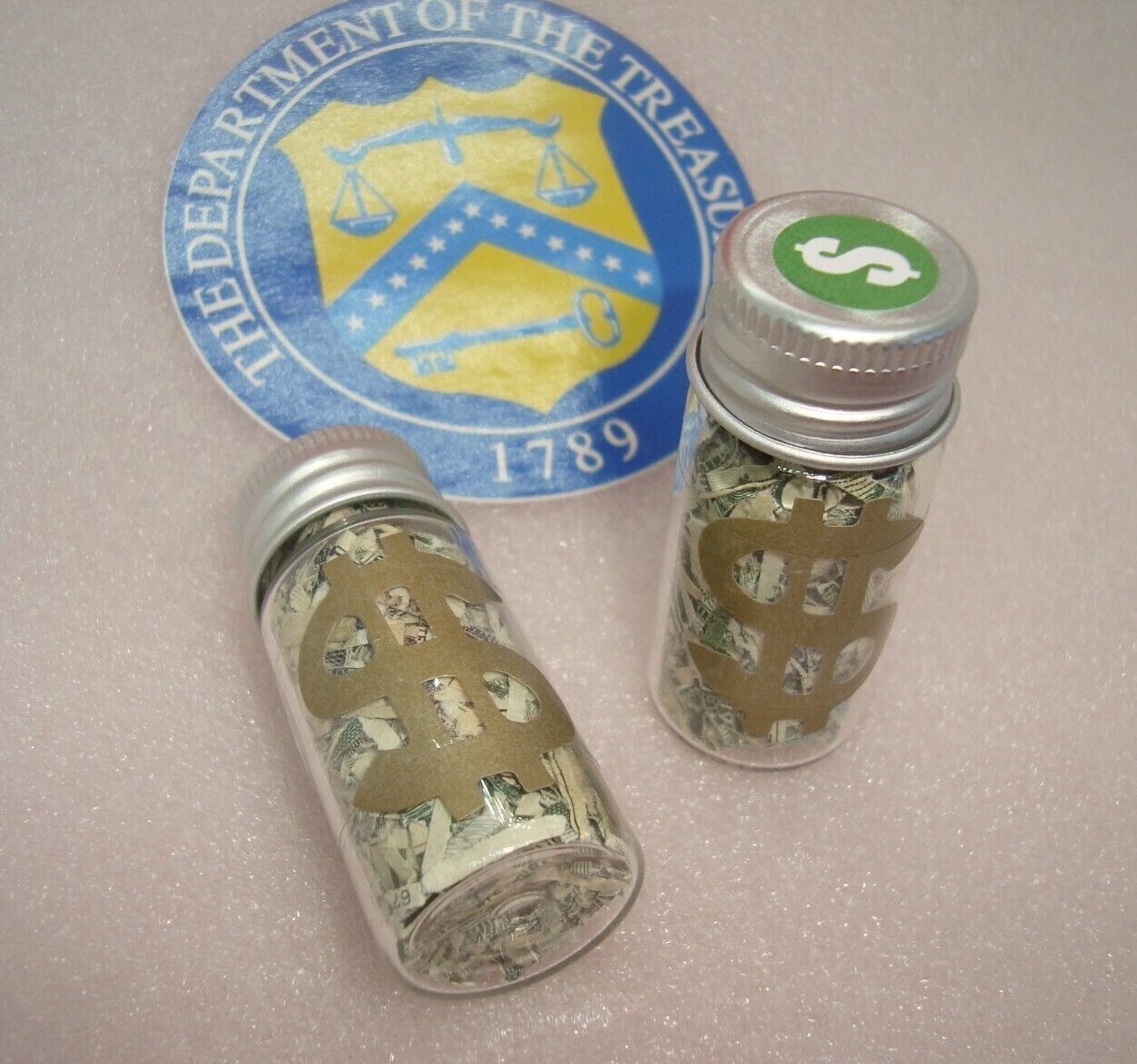 2 Two Vials USA TREASURY Shredded Currency MoneyCash GlASS Bottle Aluminum Lid eBay