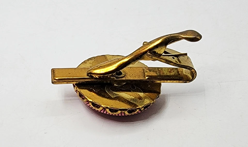 Vintage Gold Pink Fabric Upholstery Button 1 1/2 1.5" Tie Bar Clip Clasp Antique - Image 3 of 4