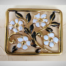 Vintage Brooch - Rectangle Gold metal brooch with White flowers made in USA