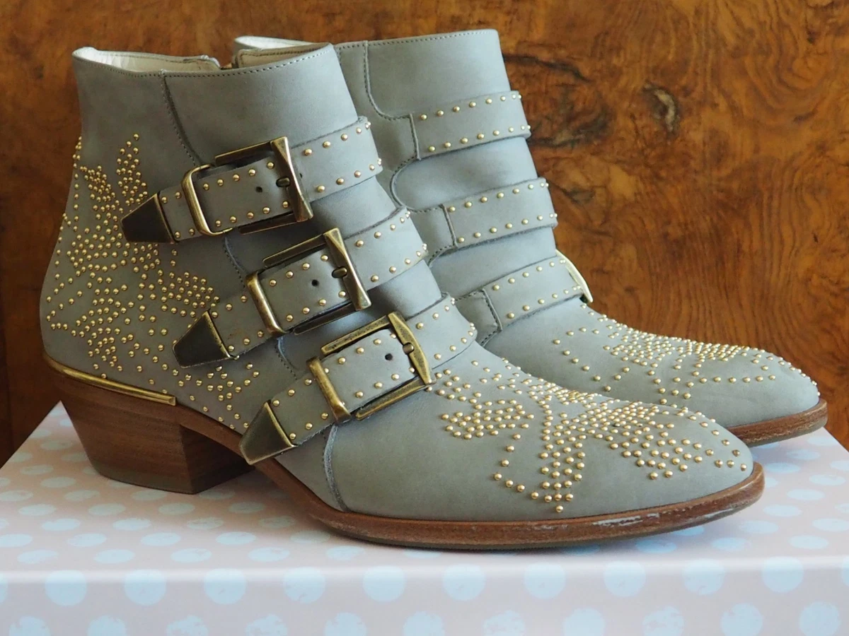 RARE CHLOE SUSANNA GRAY SUEDE GOLD STUDS BUCKLES ANKLE BOOTS 37.5 7 SOLD OUT