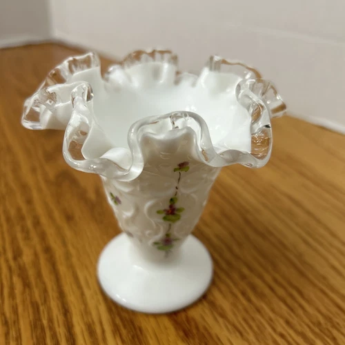 Fenton Violets in the Snow Spanish Lace Silver Crests Double Crimped Vase Signed
