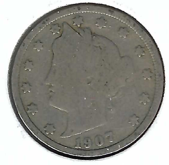 1907 Philadelphia Circulated Liberty Head Nickel Five Cent Coin