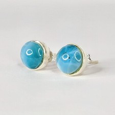 GENUINE LARIMAR STUD EARRINGS 925 STERLING SILVER JEWELRY NATURAL BLUE GEMSTONE
