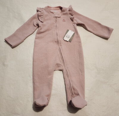 NWT Baby Gap Girls Pink Waffle Knit Ruffled Footed Sleeper One Piece