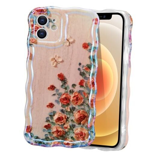 Case for Colorful Retro Oil Painting Printed Flower Laser Beam iPhone 11 Beige