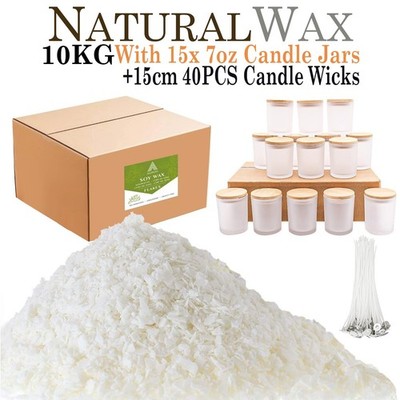 10 kg Sojawachs Kerzenherstellungsset 15er Pack 7 Unzen Milchglas Gläser + 15 cm Dochte