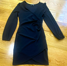 Fashion Nova Black Wrap Ruched Bodycon Dress V-Neck Puff Long Sleeve Short L