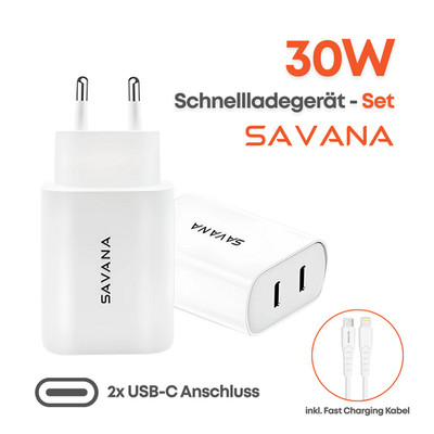 SAVANA 30W DUAL USB-C Schnellladegerät Netzteil Charger ink. 1.2M 8-Pin Kabel