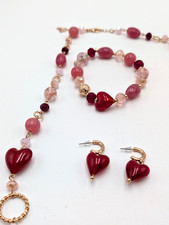 3 Piece Set Of Pink  Red Heart Acrylic  Art Glass Necklace, Earrings Bracelet