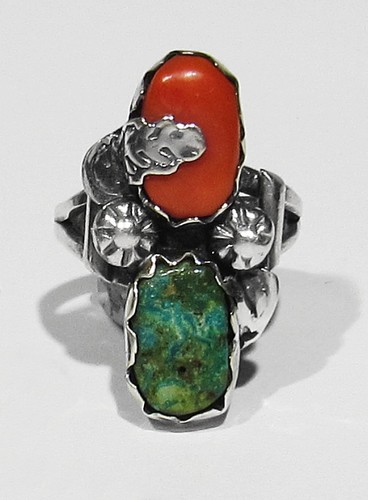GROSSER alter signierter B. Taylor Navajo 925 Silber grüner Türkis Koralle Feder Ring 7