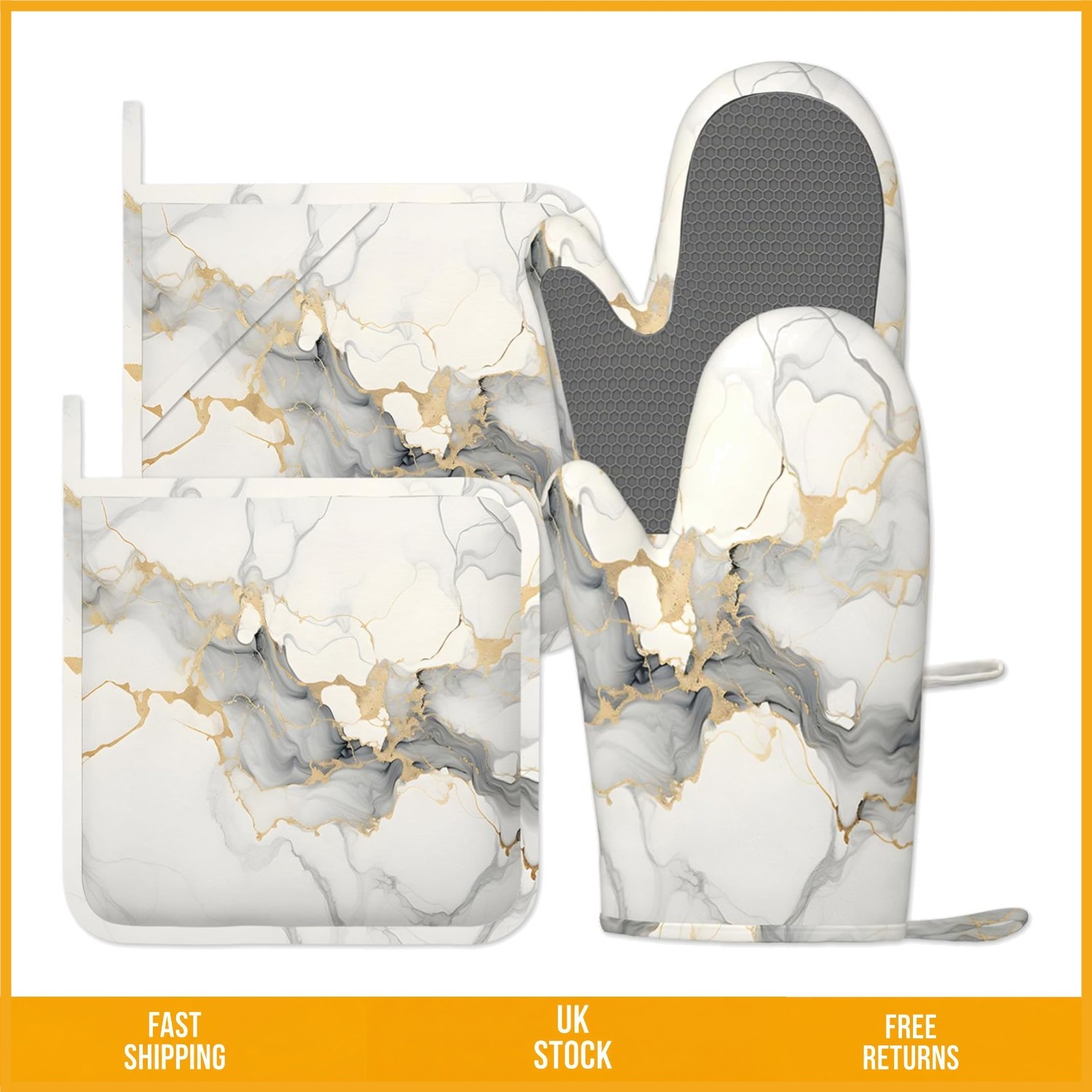 Elegant Marble Heat Resistant Silicone Oven Mitts and Pot Holders Set of 4