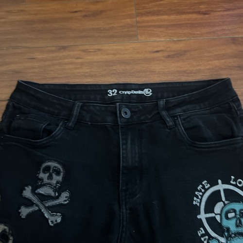Crysp Denim Jean Shorts Jorts Men's 32 Black Stretch Denim Skull Embroidered Y2K - Picture 6 of 14