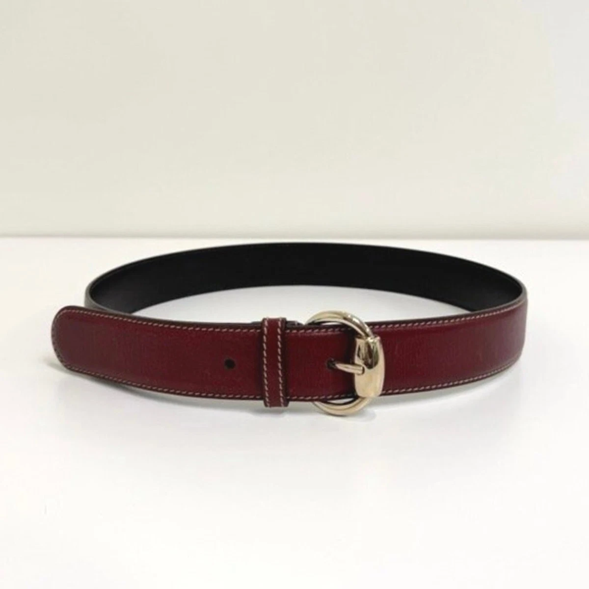 GUCCI Red Leather Gold Horsebit Ring Buckle Belt White Stitching Accent Burgundy Vintage Gucci Logo Buckle Leather Belt – Recess main image 4