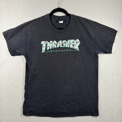 Thrasher Magazine Black Graphic T-Shirt Large Roses Skateboarding Grunge y2k