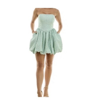 Light Green Bubble Hem Mini Dress Strapless Floral Pattern Pockets Women's