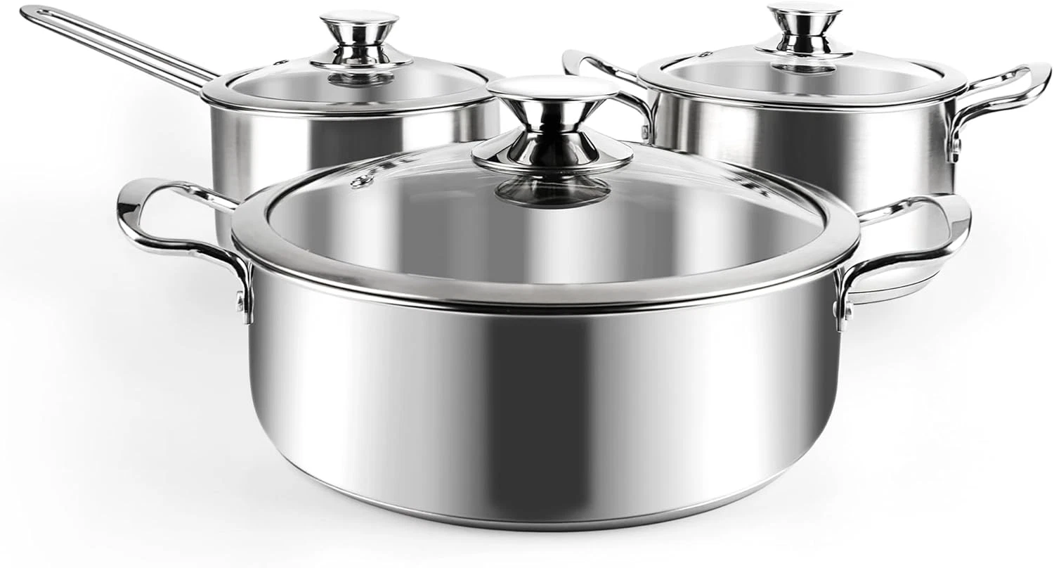 Stainless Steel Pots and Pans Set - 6Pcs Kitchen Induction Cookware Glass Lids
Opens in a new window