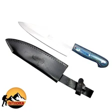 13.5" Full Tang Chef Kitchen Knife Fixed Blade Blue & Black Wood Handle + Sheath