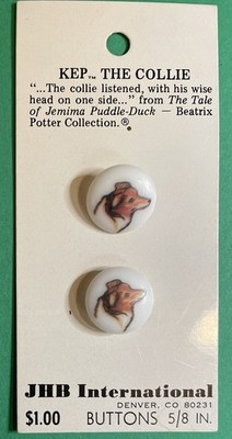 (2)RARE JHB 5/8'' BEATRIX POTTER KEP the COLLIE PLASTIC SHANK BUTTONS NOS CARD-W3