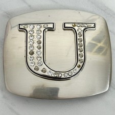 Rhinestone Studded U Letter Initial Monogram Silver Tone Belt Buckle