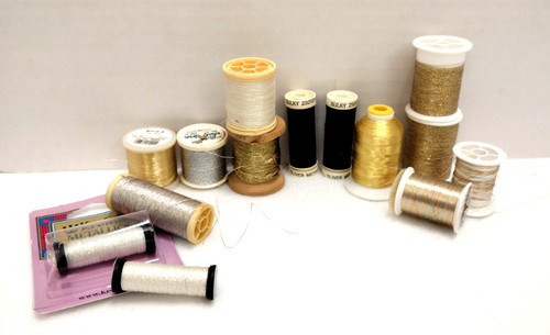 Mixed Metallic Needlework Thread Spools New/Used Lot Kreinik Sulky Coats Clark