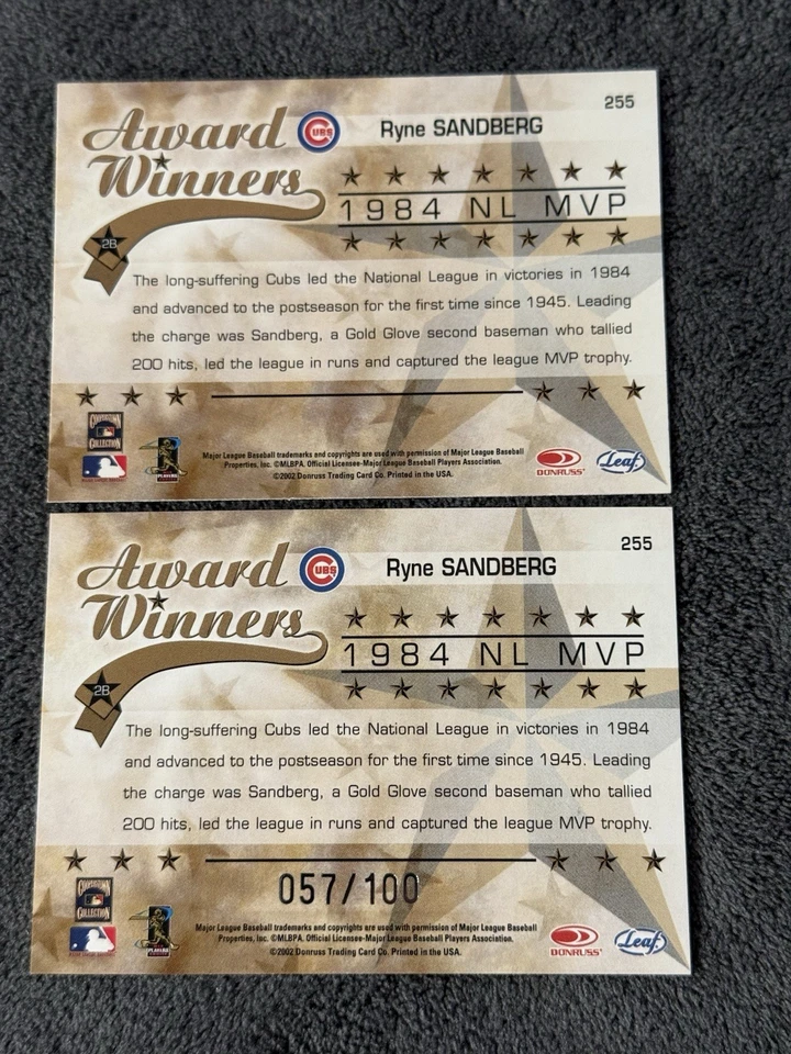 2002 Leaf Rookies and Stars #255 Ryne Sandberg 84 MVP Base & Longevity #’d /100 - Image 2 of 2