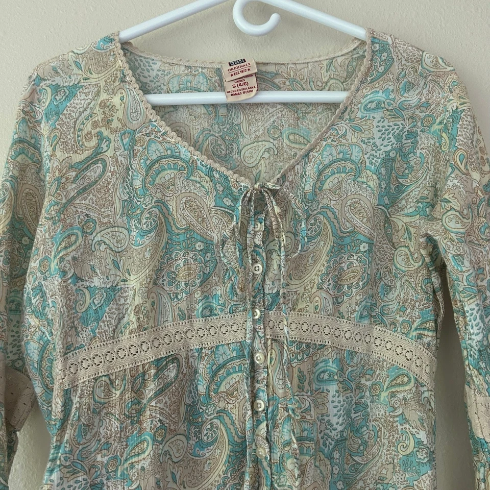 Camisa Paisley Babydoll Vintage Faded Glory Manga 3/4 Bohemia Y2K Hippie S Foto 3 de 4