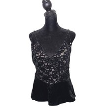 Y2K Whimsigoth Burnout Velvet Cami Top Beaded Lace Fair Grunge Size M Black