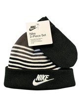Nike Beanie Hat and Mittens 2-Piece Set Toddler 12-24 Months Black Grey Stripe