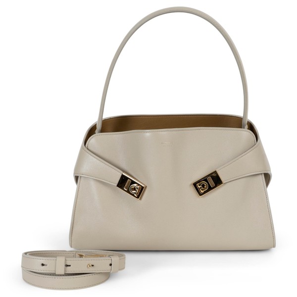 73318 authentische SALVATORE FERRAGAMO steingraue Ledertasche UMARMUNG WEICH M BICOLOR