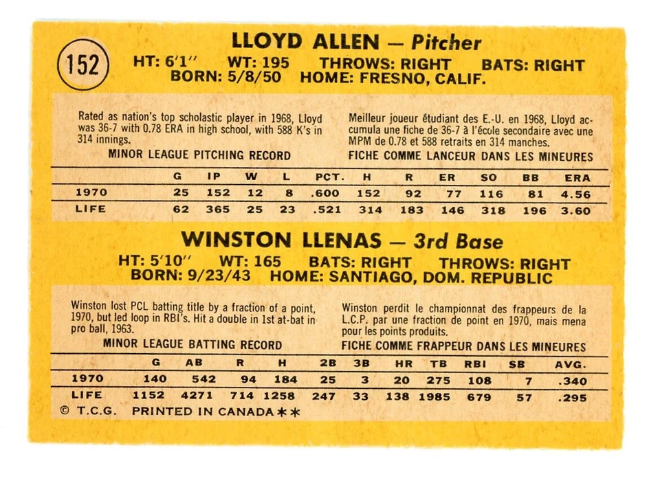 1971 O-Pee-Chee Angels 1971 Rookie Stars (Lloyd Allen / Winston Llenas) #152 RC - Image 2 of 2